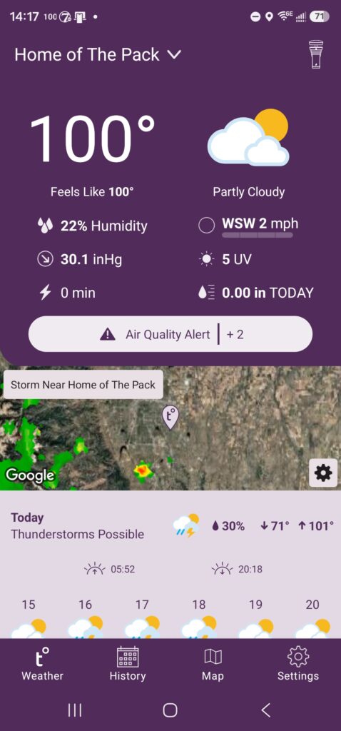 Screenshot of weather station readout showing 100 degrees