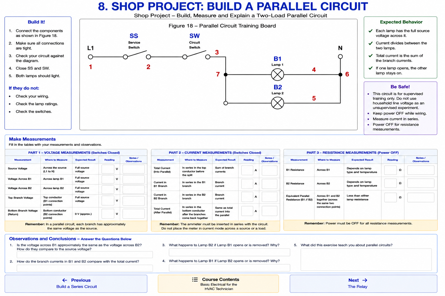 Parallel circuit training worksheet showing L1 connected through service switch SS and circuit switch SW, then splitting into two parallel branches containing lamps B1 and B2 before connecting to N.
