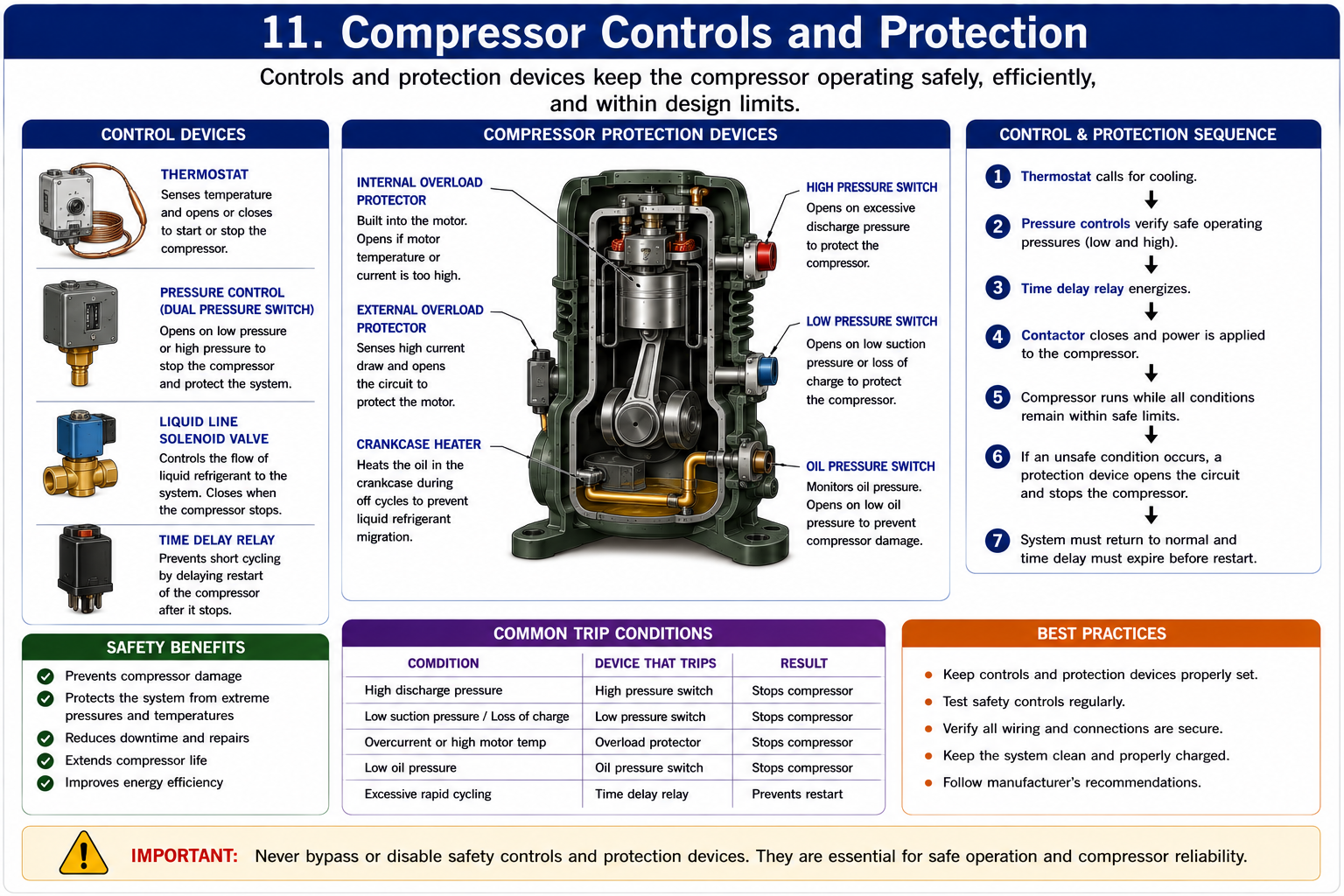 Compressor protection controls and operating safeguards used to prevent compressor damage.