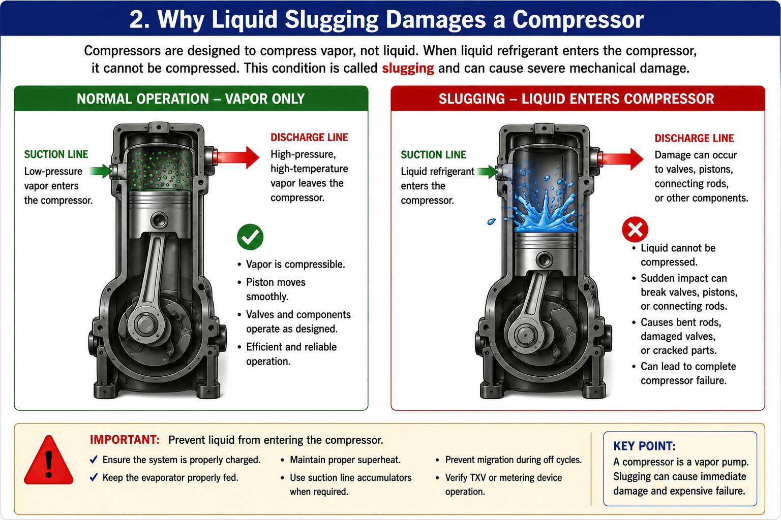 Comparison between normal compressor vapor operation and damaging liquid slugging.