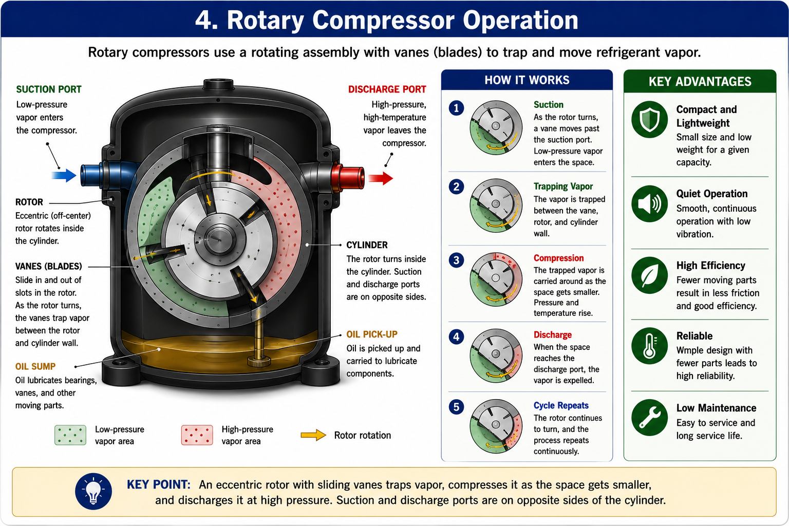 Rotary compressor operation showing eccentric rotor, vanes, suction, compression, and discharge.