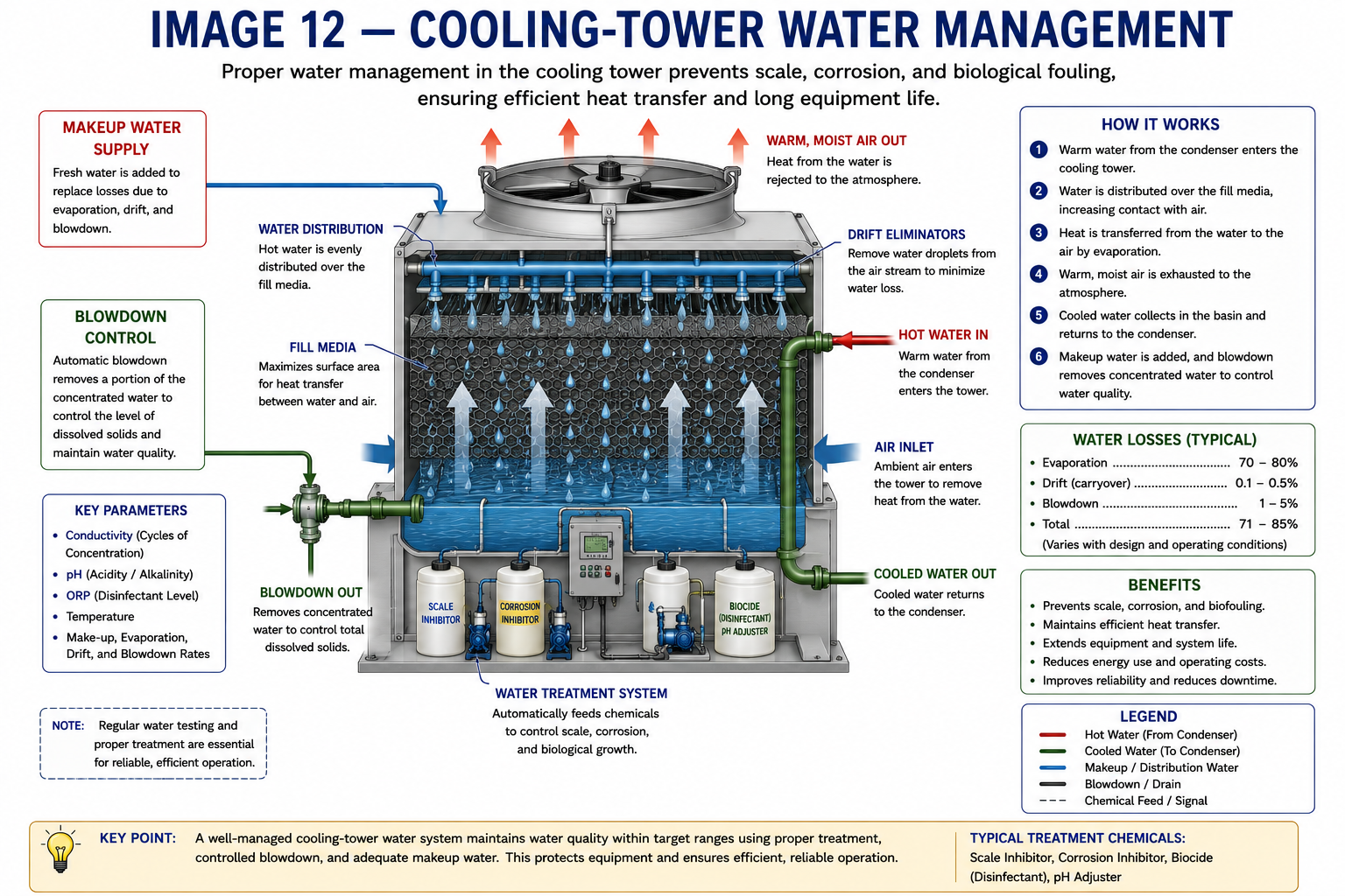 Cooling-tower water management diagram showing circulating water, evaporation, makeup water, blowdown, basin water and mineral concentration.