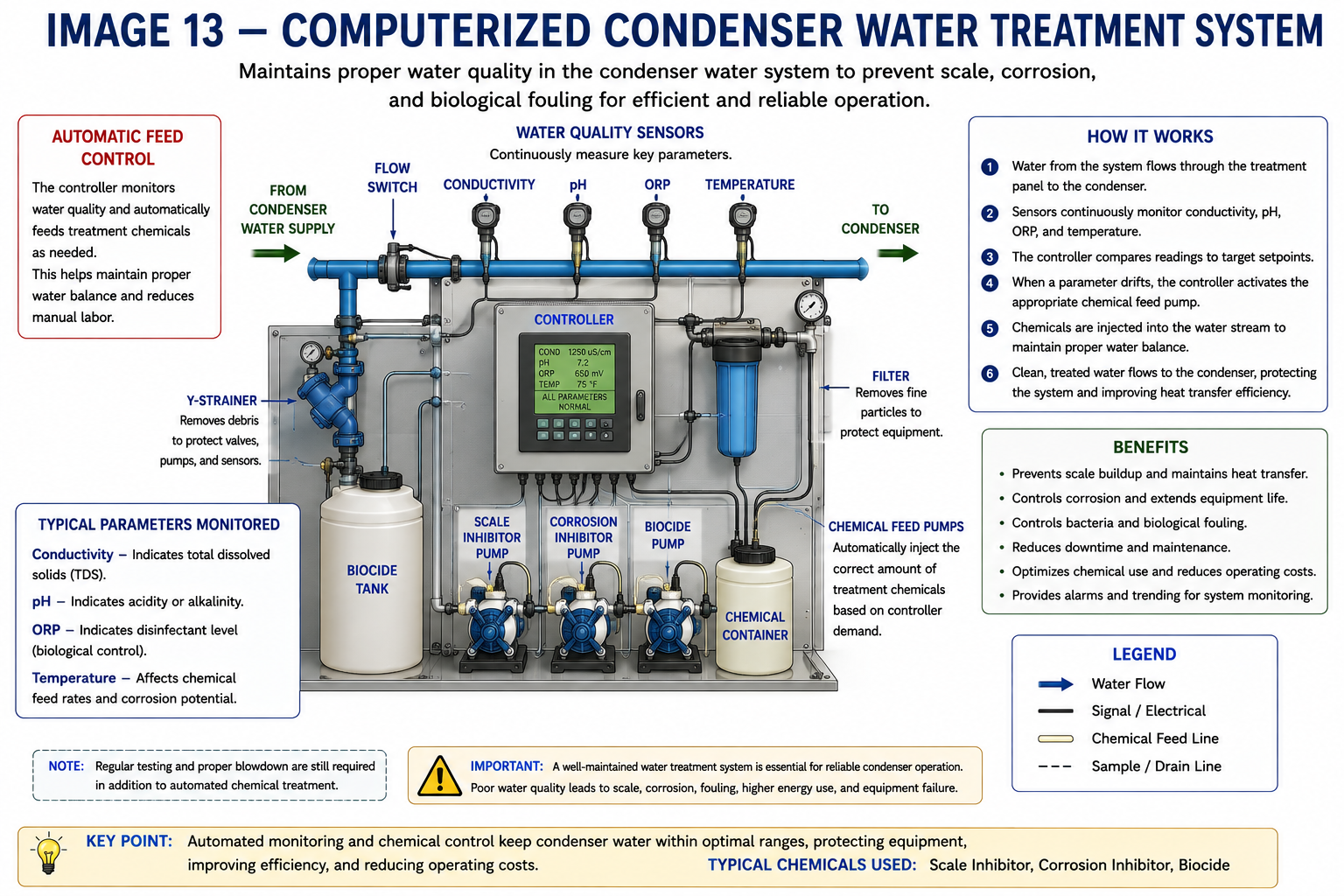Computerized condenser water treatment system showing controller, sensors, conductivity monitoring, chemical feed pumps, treatment tanks and automatic blowdown valve.