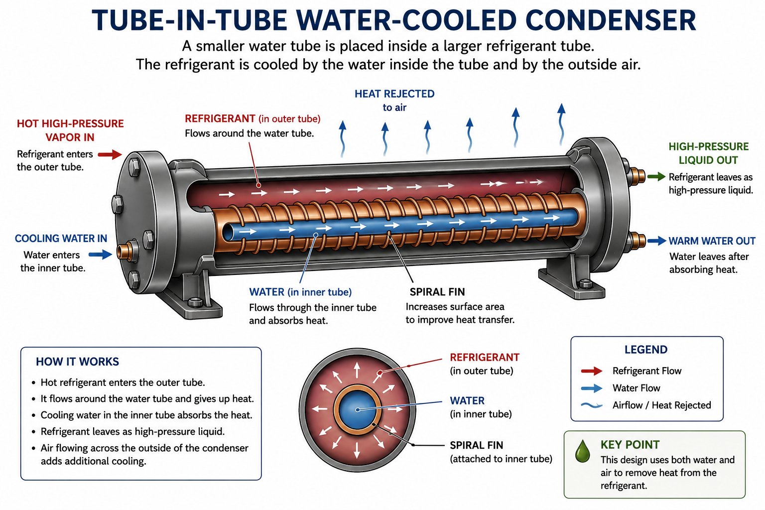 Tube-in-tube water-cooled condenser showing cooling water flowing through the inner tube and refrigerant flowing through the surrounding outer passage.