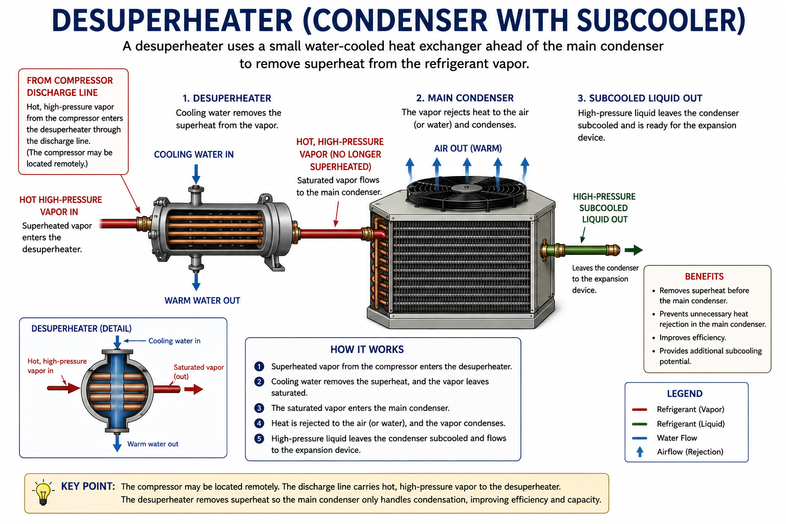 Water-regulating valve connected to condenser water piping and high-side refrigerant pressure, showing valve modulation as head pressure changes.