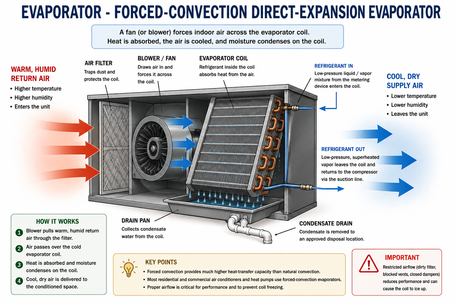 Forced-convection direct-expansion evaporator showing a blower moving air across an evaporator coil.