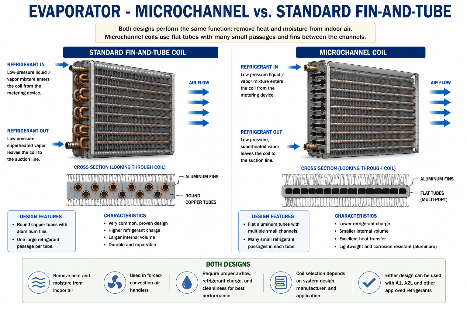 Comparison of standard fin-and-tube and microchannel evaporator coil construction.