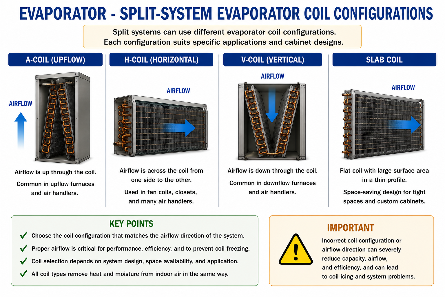 Comparison of A-coil, H-coil, V-coil and slab evaporator coil configurations.