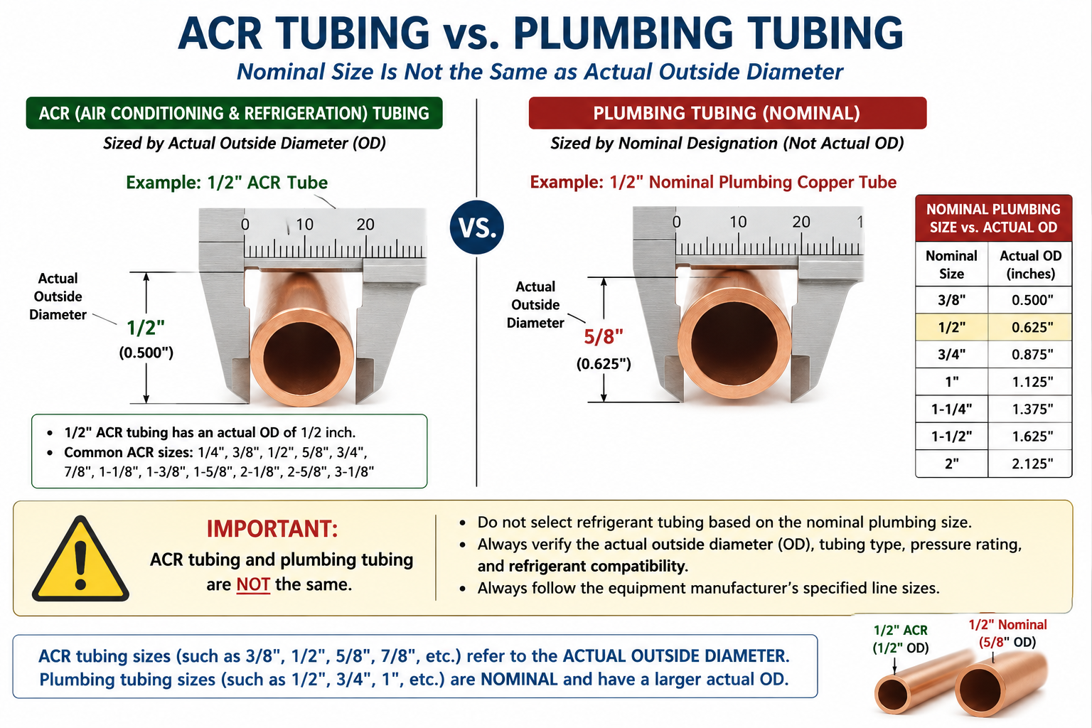 Comparison of ACR refrigeration tubing sizes and nominal plumbing copper tubing sizes showing differences in actual outside diameter.