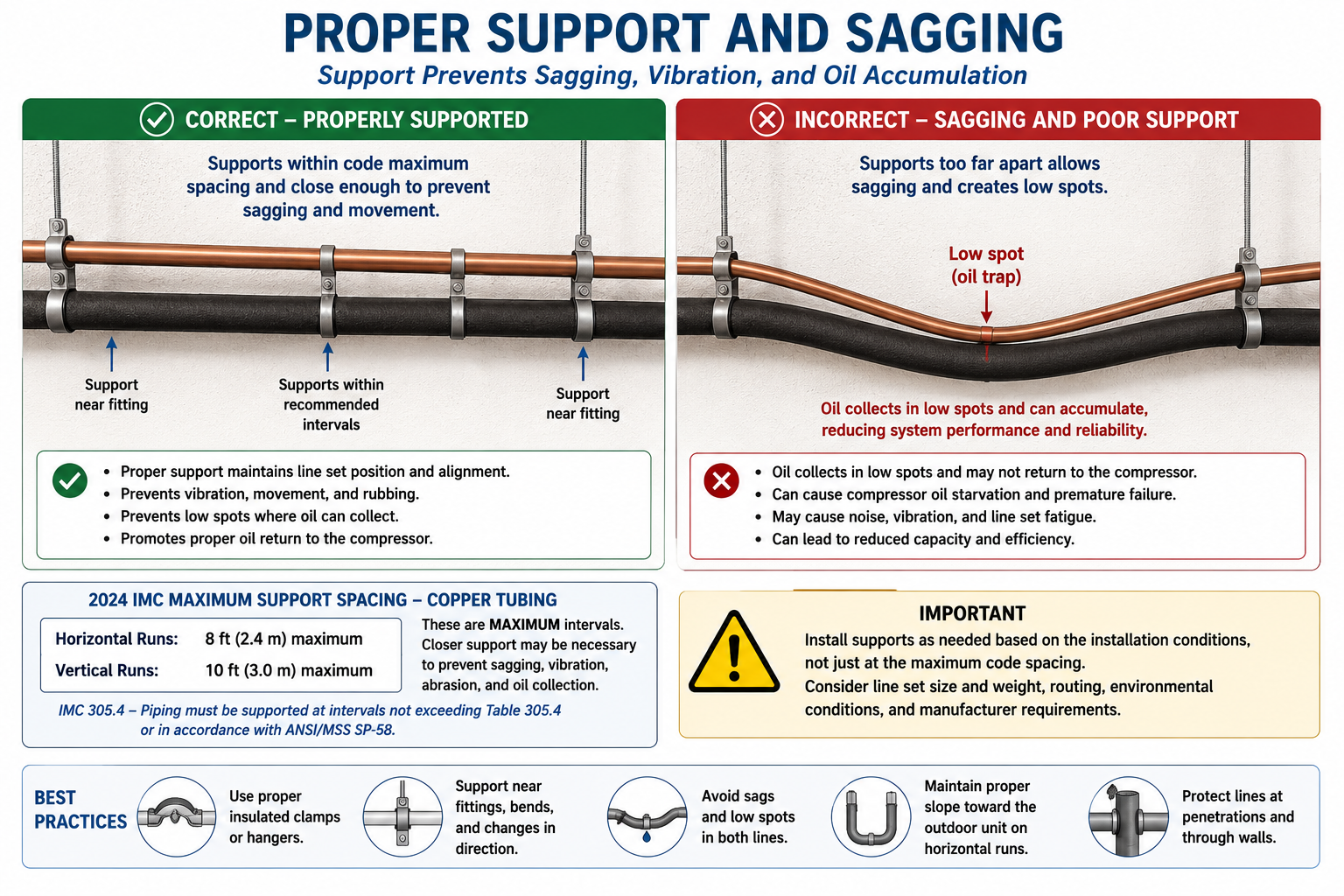 Correct and incorrect refrigerant-line support showing properly supported tubing and sagging tubing that can collect compressor oil.