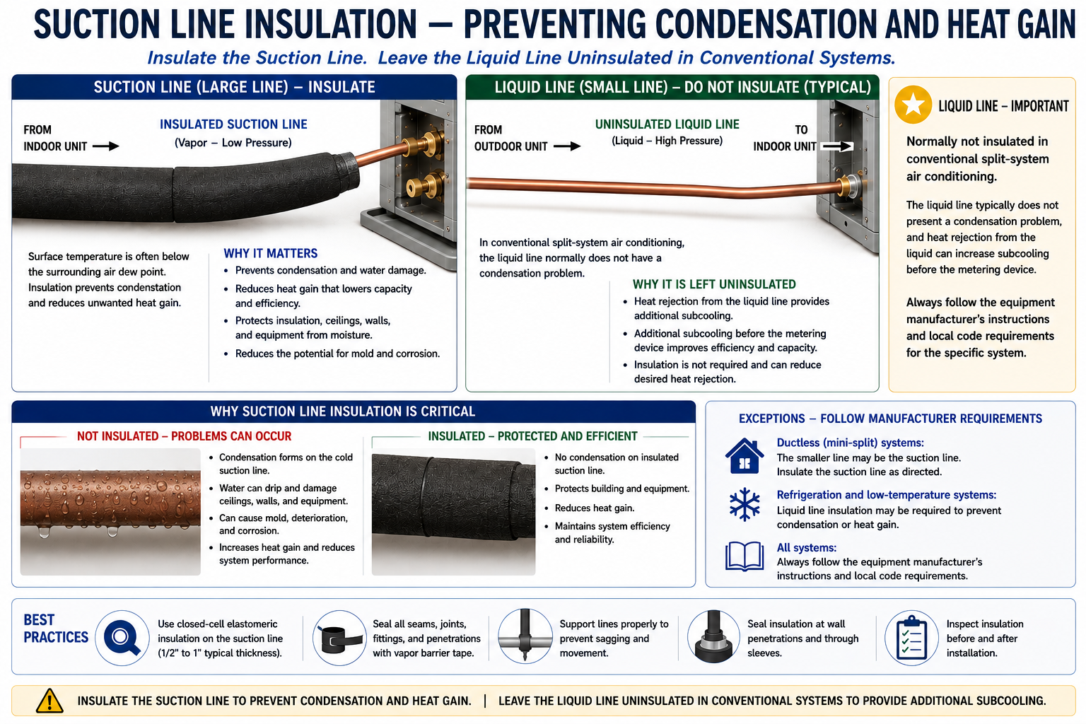 Conventional split-system refrigerant piping showing an insulated suction line and normally uninsulated liquid line, with condensation effects on an uninsulated suction line.