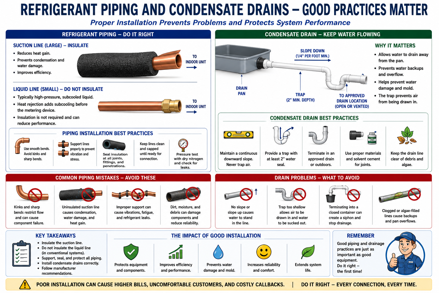 HVAC refrigerant piping and condensate drain installation showing proper insulation, support, routing, drain slope, and installation practices.