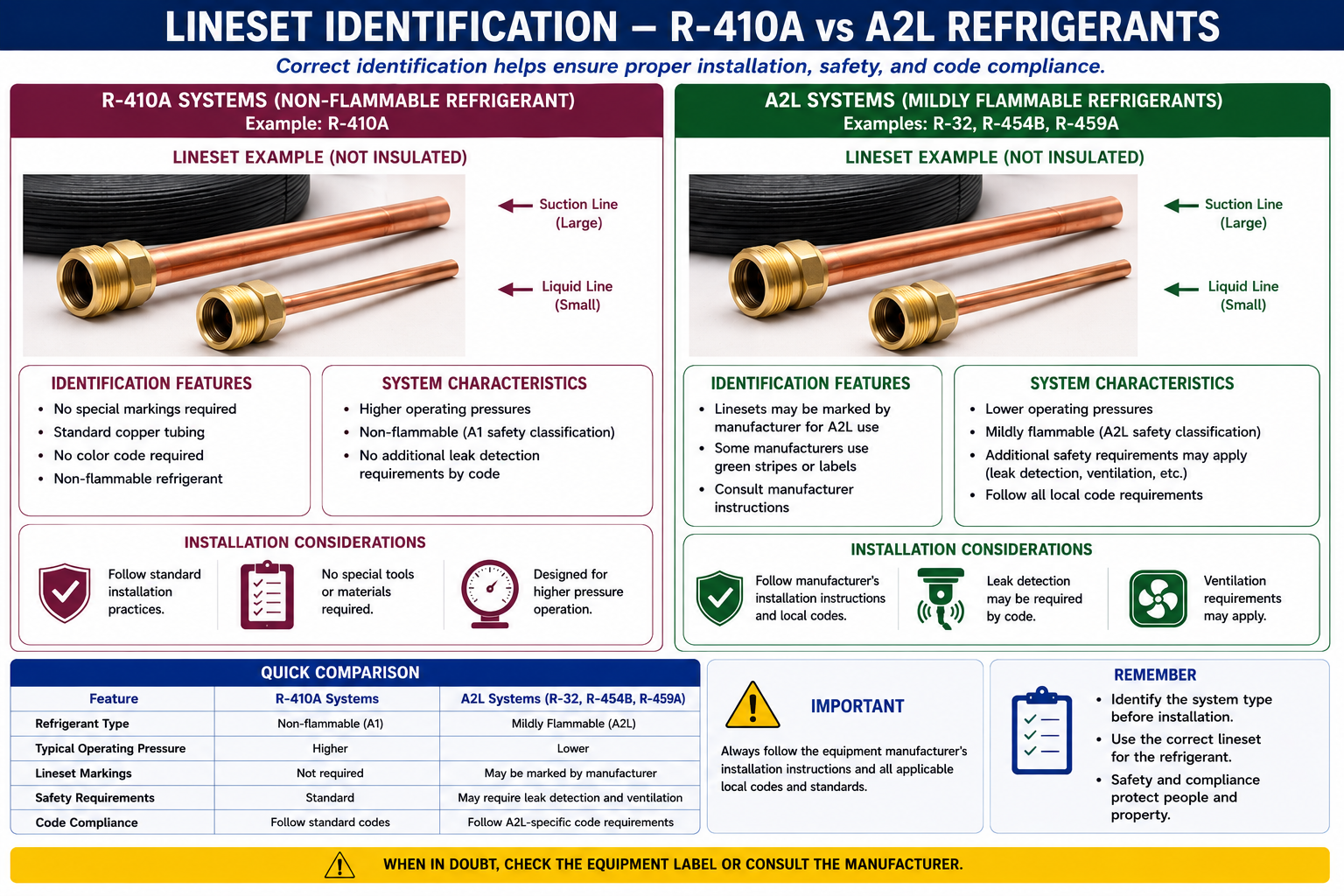 Comparison of R-410A and A2L refrigerant piping identification showing conventional suction and liquid lines, refrigerant labels, and A2L safety markings.