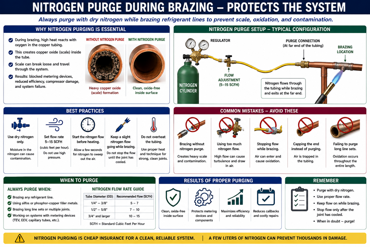 HVAC training diagram showing dry nitrogen flowing through refrigerant tubing during brazing to prevent internal copper oxide formation.