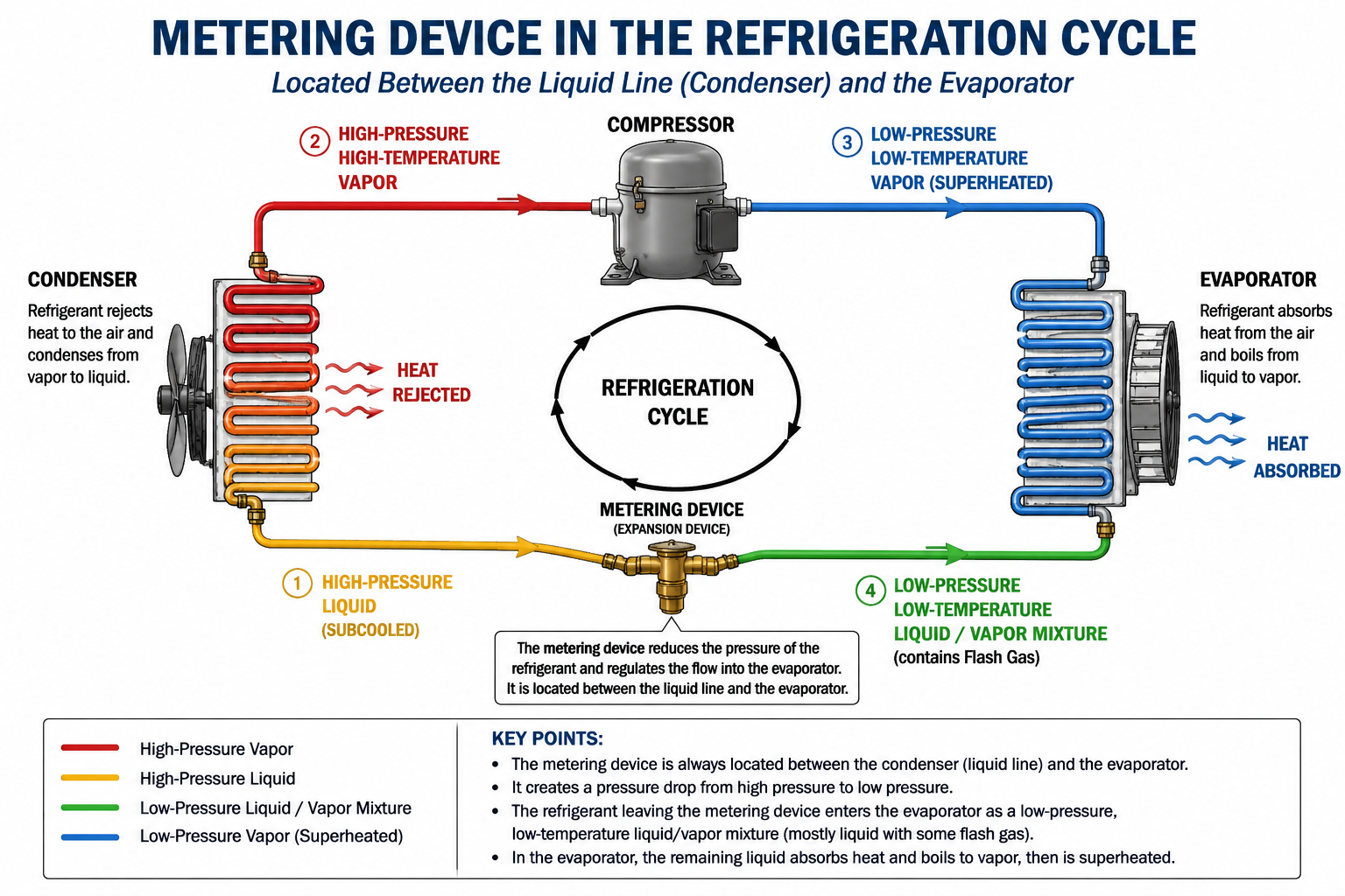 Refrigeration cycle showing the location of the metering device between the liquid line and evaporator.