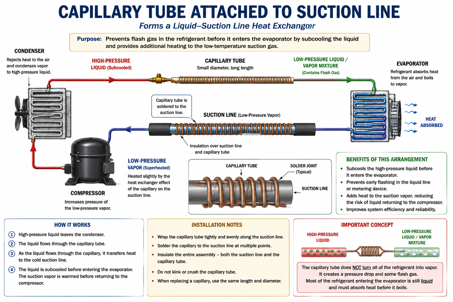 Capillary tube attached to a refrigeration suction line to form a capillary tube suction line heat exchanger.