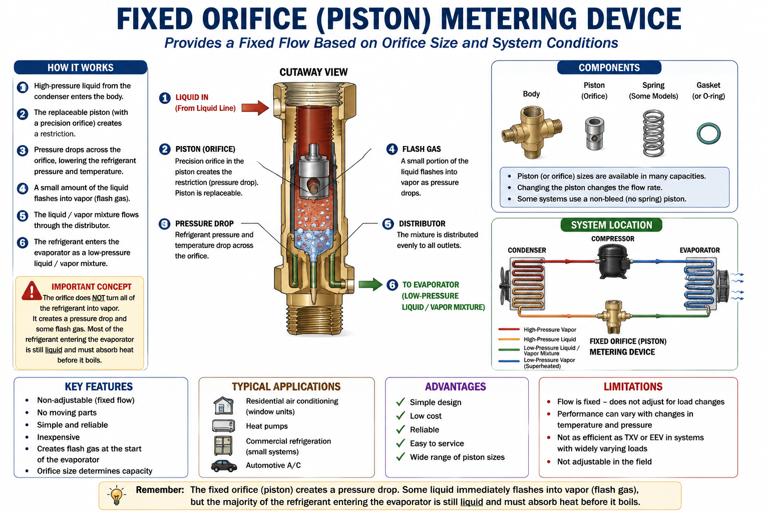 Fixed-orifice piston metering device showing a precisely sized opening that controls refrigerant flow into an evaporator.