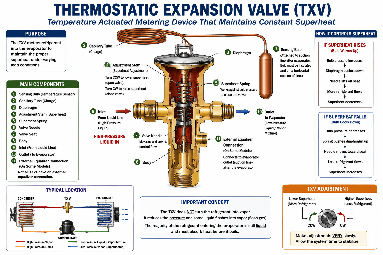 Thermostatic expansion valve components including sensing bulb, diaphragm, spring, needle, seat, inlet, and outlet.