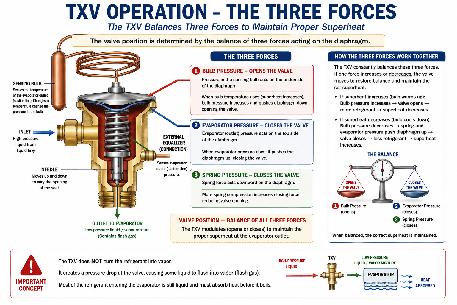 Diagram showing the three forces acting on a thermostatic expansion valve: sensing bulb pressure, evaporator pressure, and spring pressure.