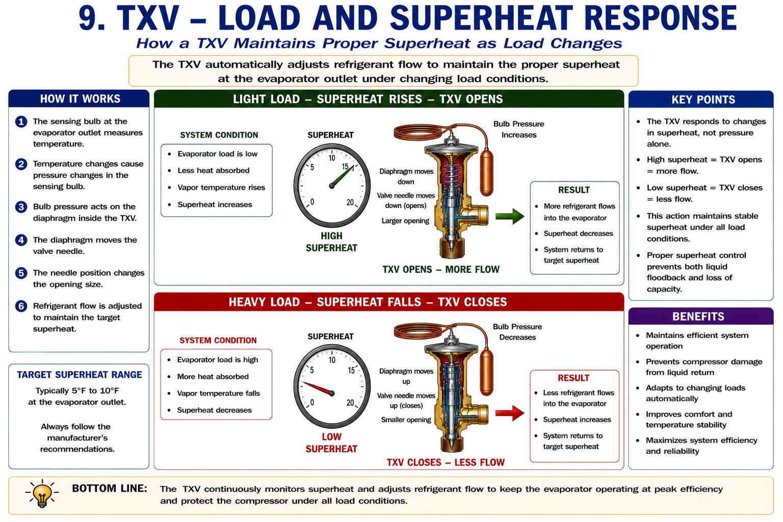 Thermostatic expansion valve diagram showing how valve position and refrigerant flow respond to changes in evaporator load and superheat.