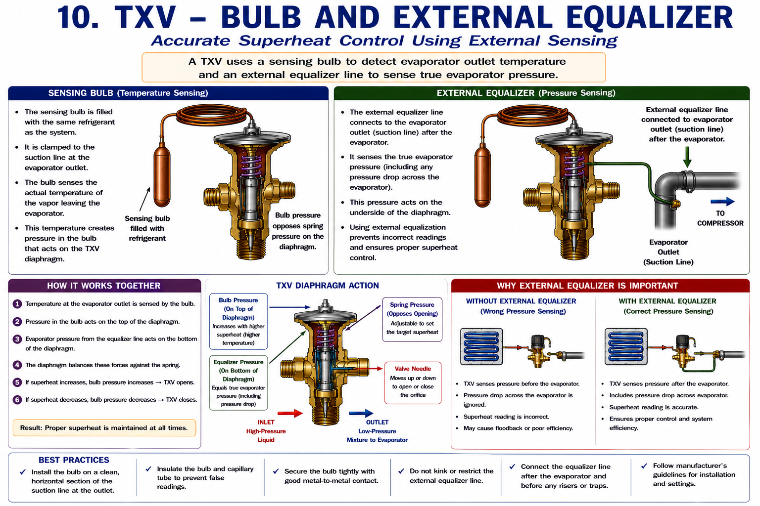 TXV installation showing the sensing bulb on the suction line and the external equalizer connection.