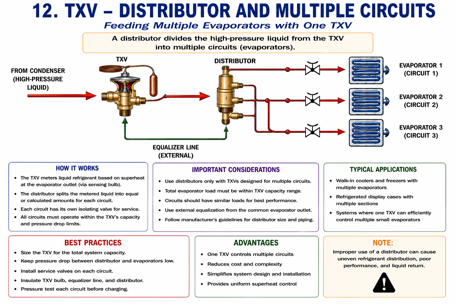 TXV and refrigerant distributor feeding multiple circuits of an evaporator coil.