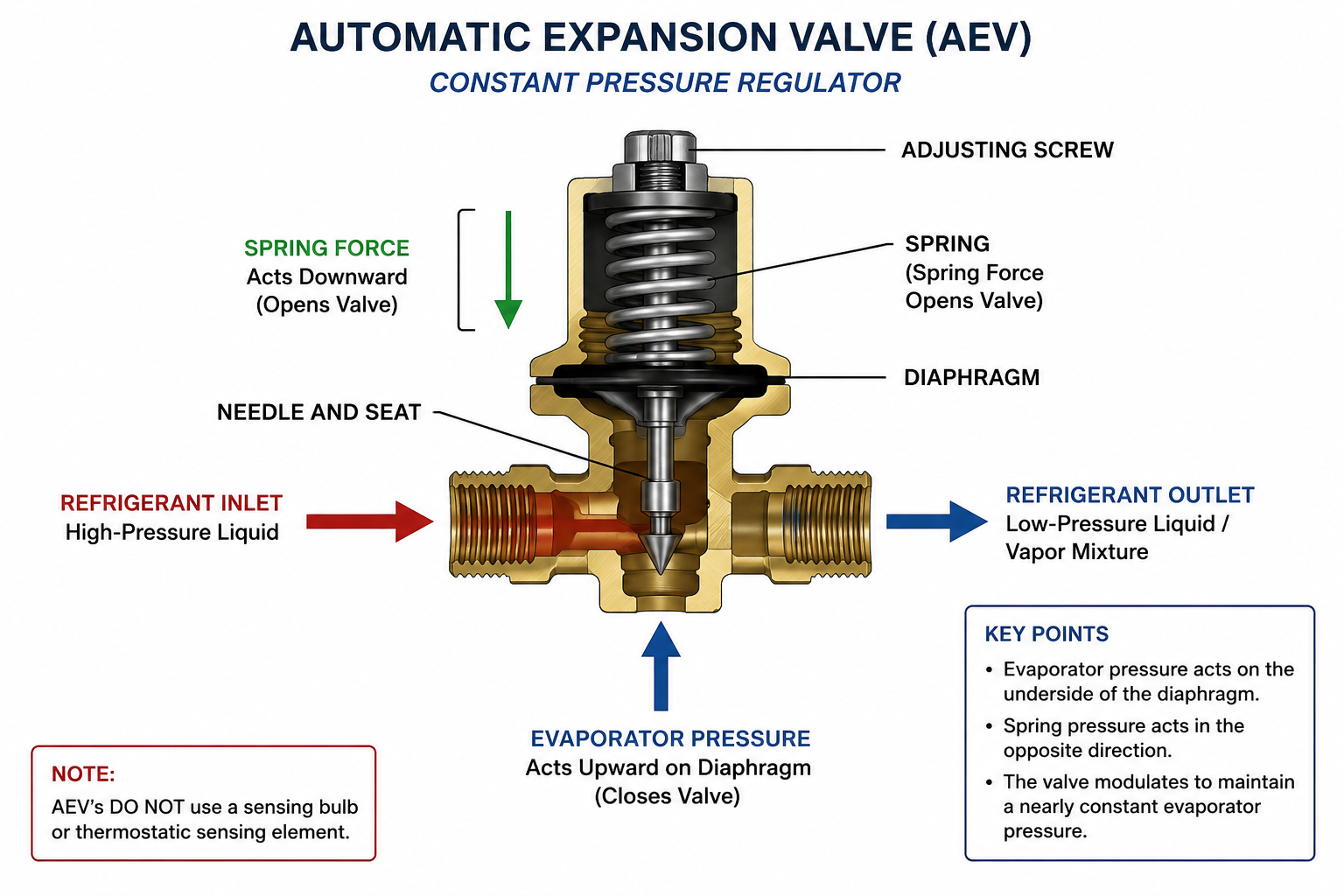 Automatic expansion valve showing the diaphragm, spring, needle, seat, refrigerant inlet and outlet, and evaporator pressure acting on the valve.