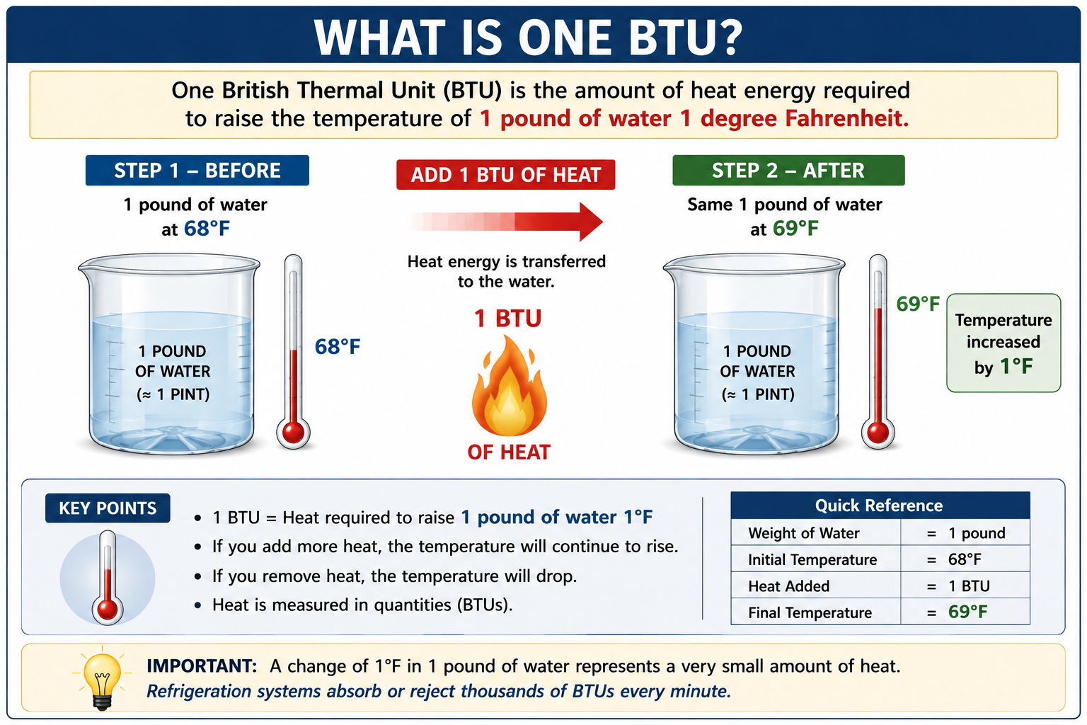 One BTU infographic showing one pound of water increasing in temperature by one degree Fahrenheit after receiving one British Thermal Unit of heat.