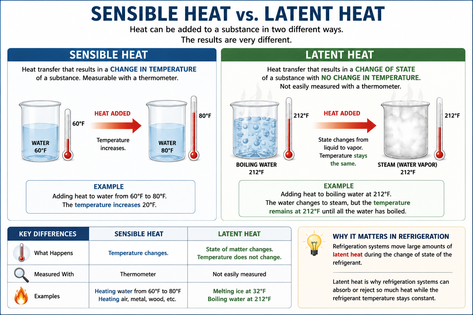 Educational infographic comparing sensible heat, which changes temperature, with latent heat, which changes state without changing temperature.