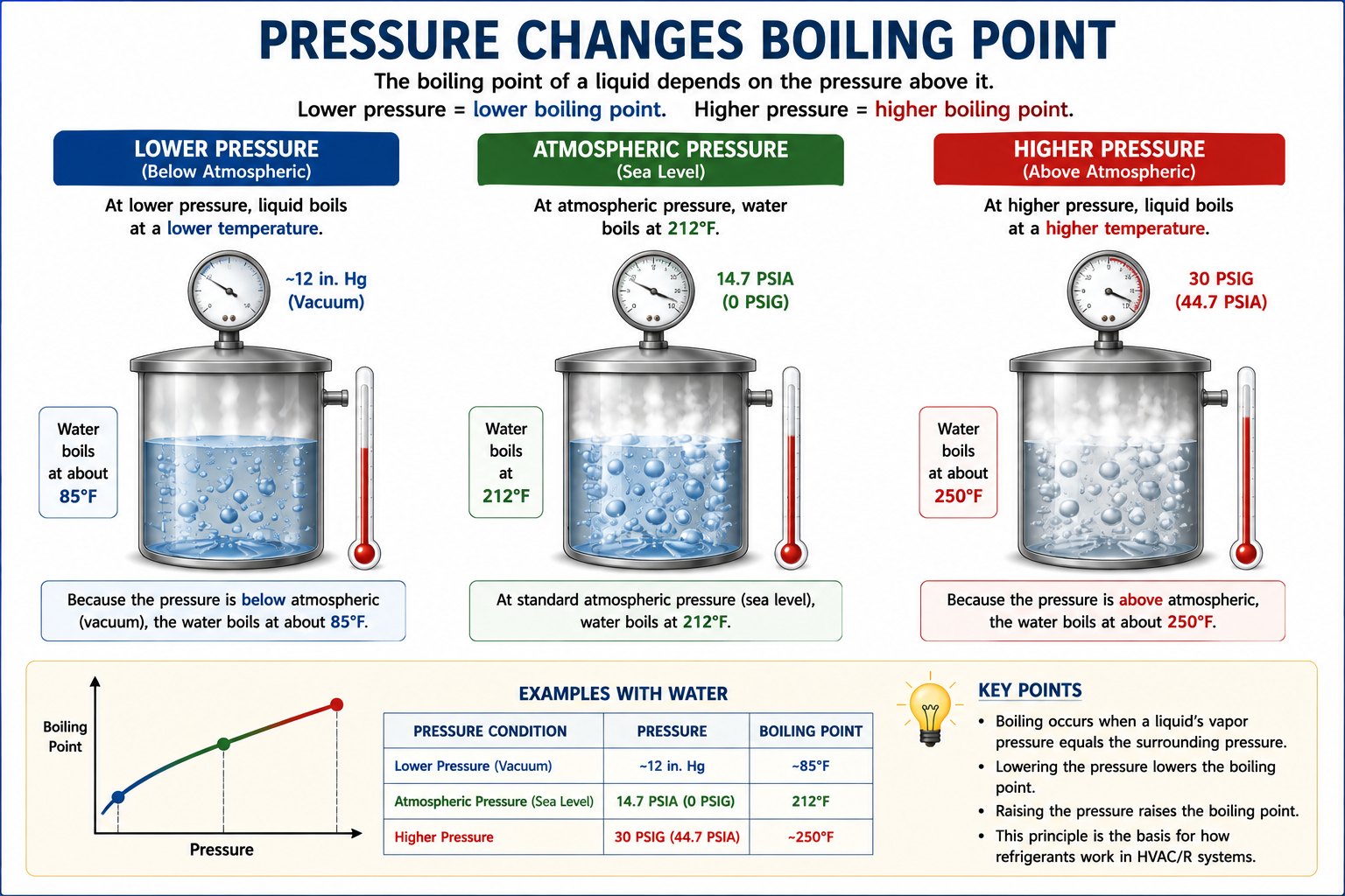 Infographic showing that lower pressure lowers boiling temperature and higher pressure raises boiling temperature.