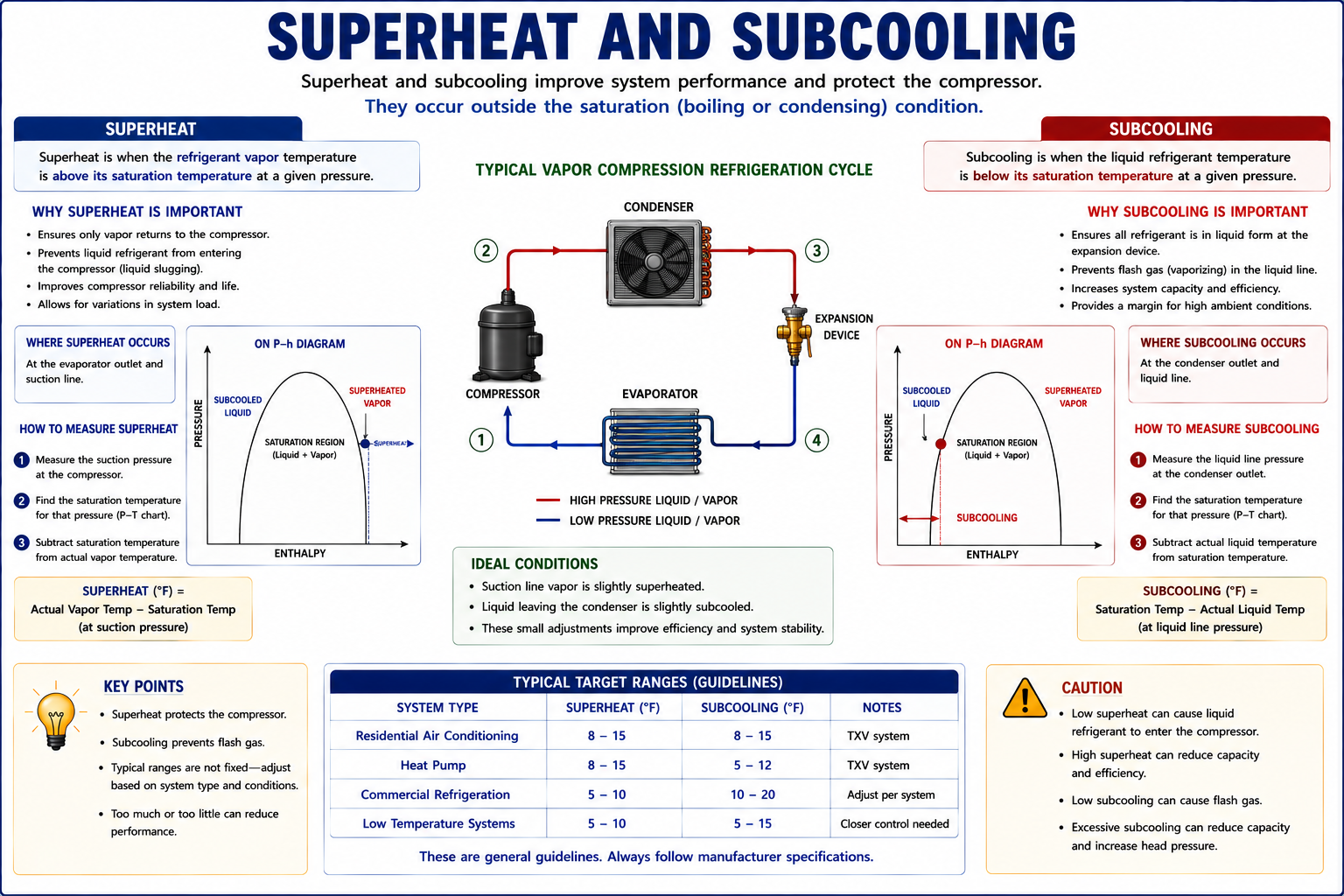 Superheat and subcooling infographic showing saturation conditions, measurement locations, formulas, and refrigeration-cycle relationships.