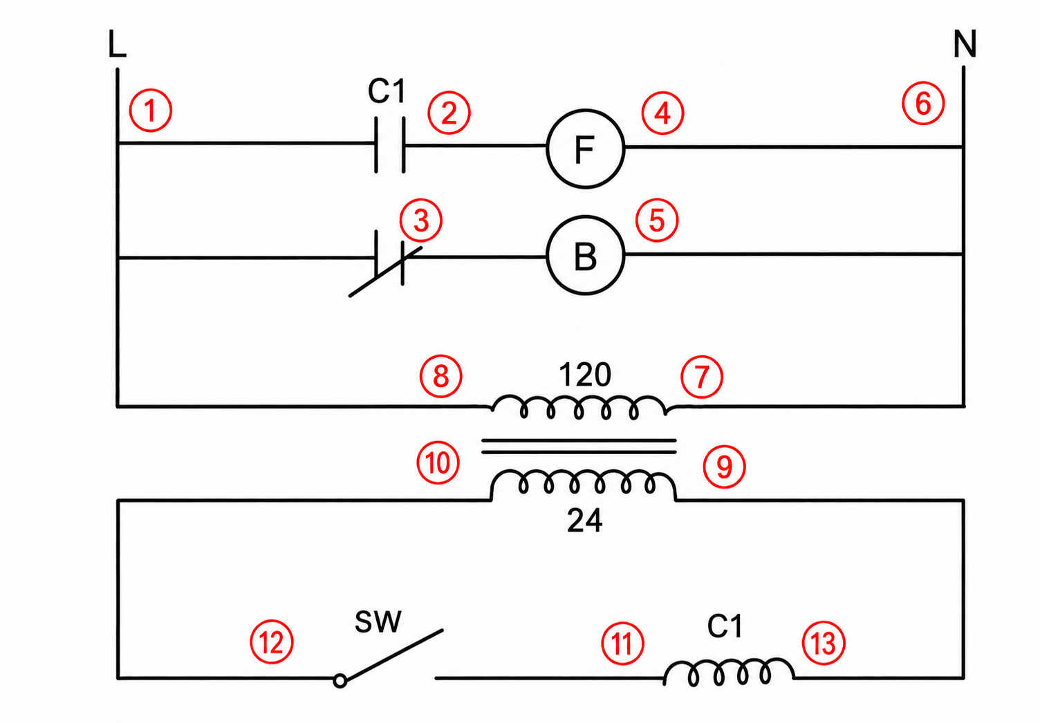 Figure 24 transformer and relay shop project ladder diagram with numbered test points 1 through 13.