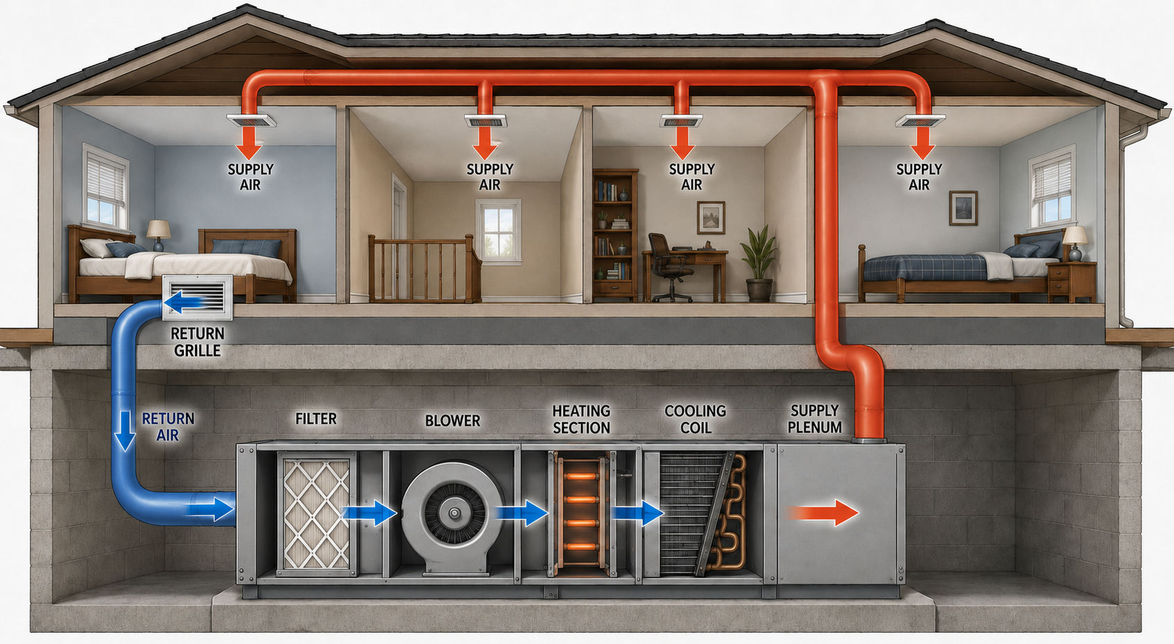 Residential forced-air system showing return air entering a return grille, passing through the filter, blower, heating section, and cooling coil, and leaving through supply ducts and registers.