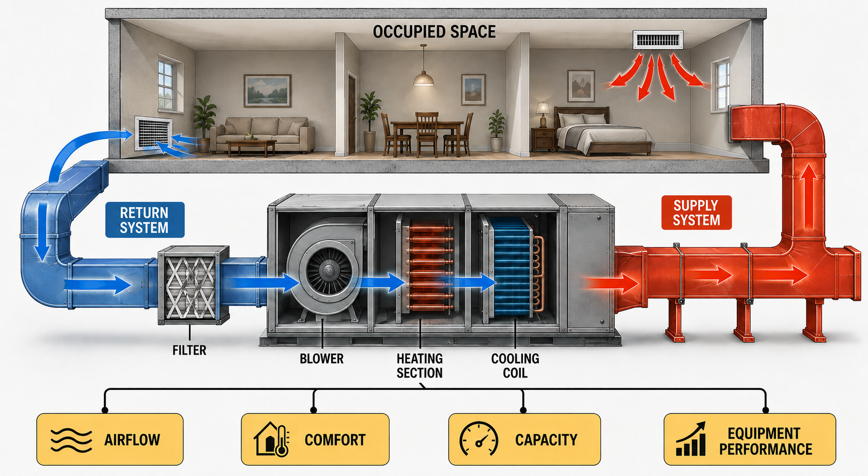 Air-distribution system showing occupied space, return system, filter, blower, heating section, cooling coil, supply system, and their effects on airflow, comfort, capacity, and equipment performance.