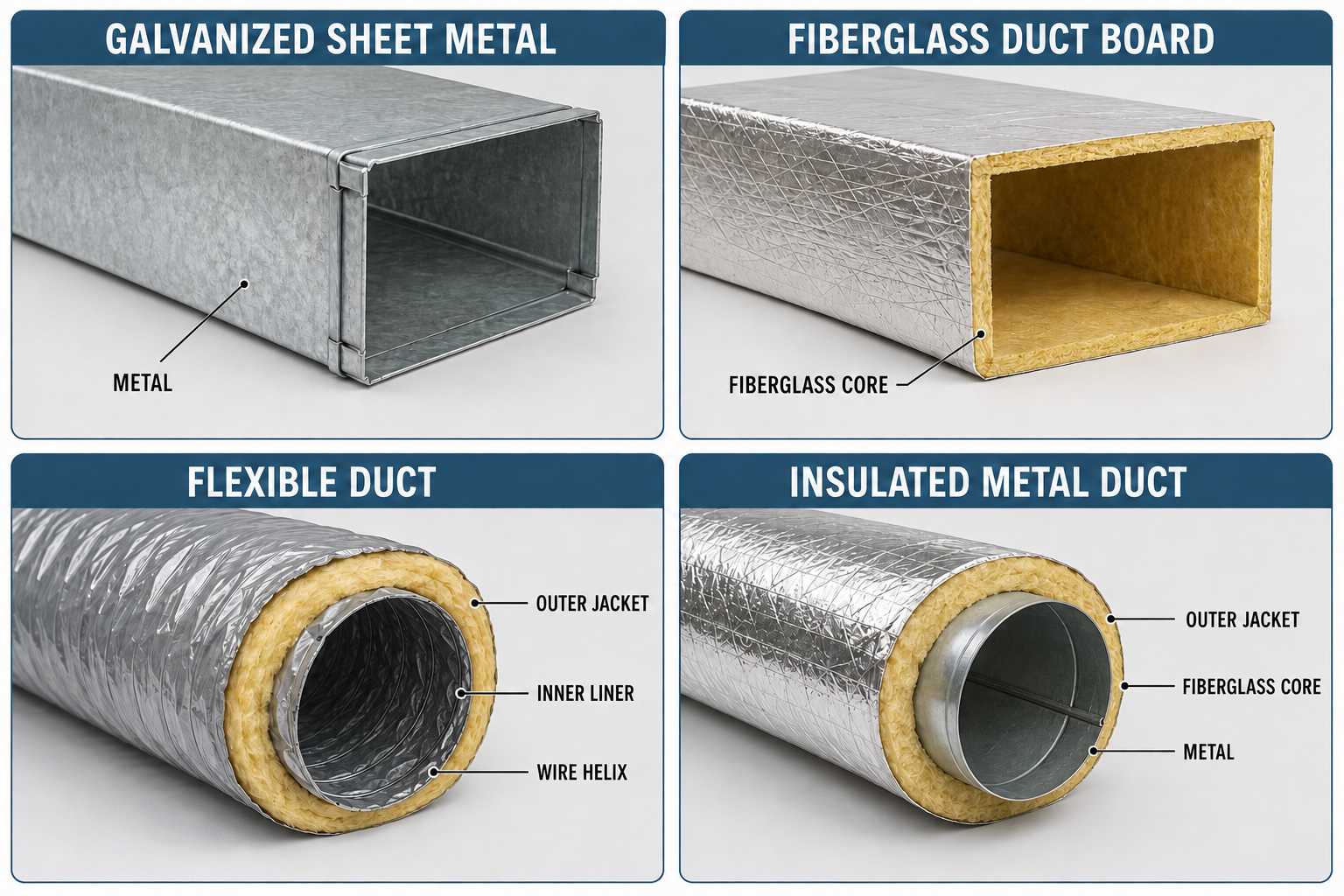 Comparison of galvanized sheet-metal duct, fiberglass duct board, insulated flexible duct, and externally insulated metal duct.