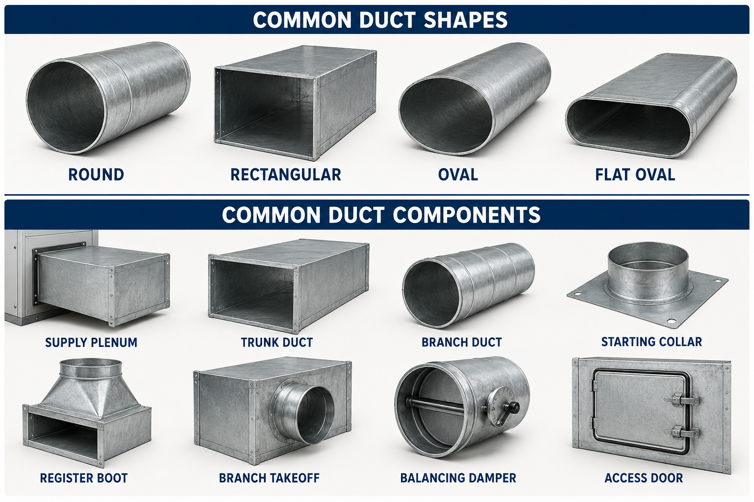 Common round, rectangular, oval, and flat-oval duct shapes with supply plenum, trunk duct, branch duct, starting collar, register boot, branch takeoff, balancing damper, and access door.