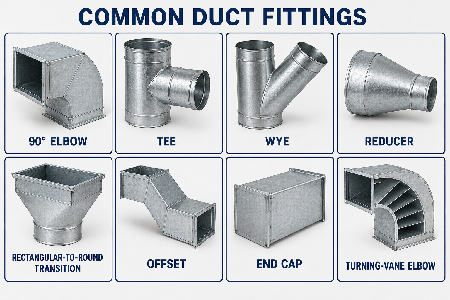 Common duct fittings including a 90-degree elbow, tee, wye, reducer, rectangular-to-round transition, offset, end cap, and turning-vane elbow.