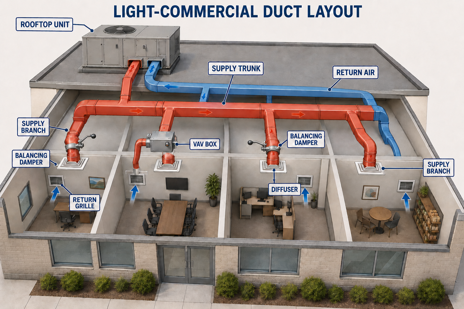 Light-commercial building with rooftop unit, supply trunk, supply branches, ceiling diffusers, return-air duct, return grilles, balancing dampers, and a VAV box.