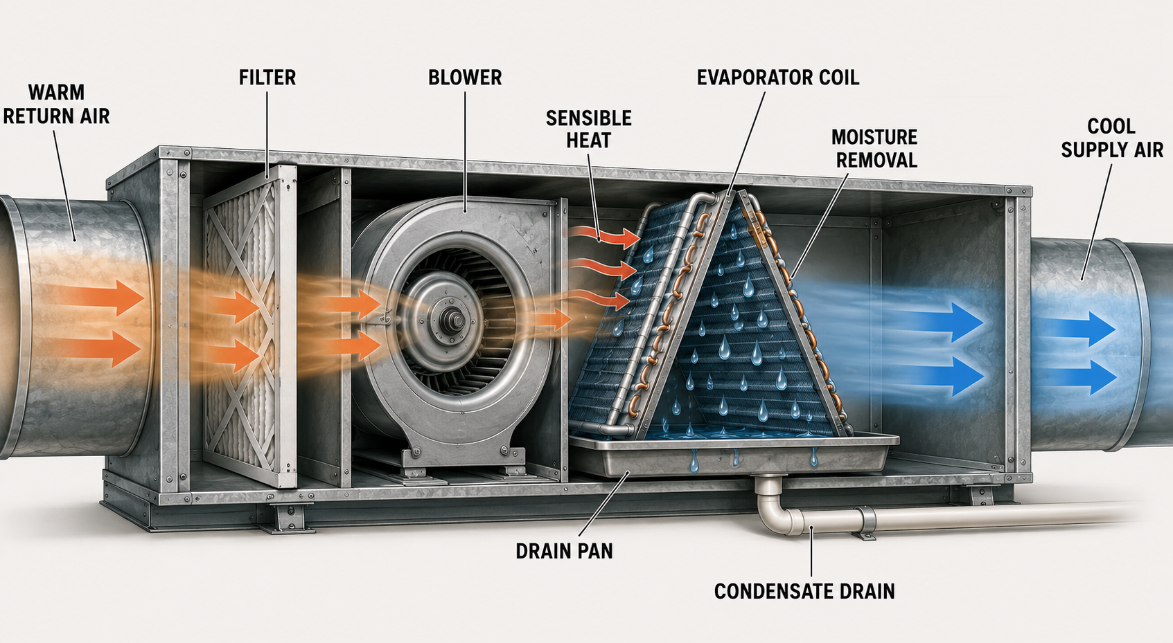 Airflow through a residential cooling system showing return air, filter, blower, evaporator coil, condensate removal, and conditioned supply air.