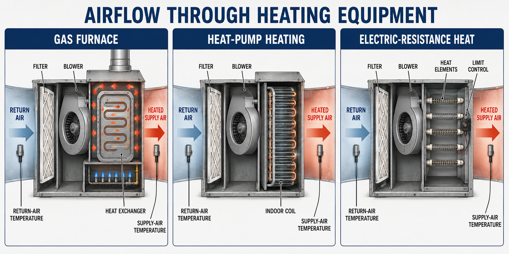 Airflow through common heating equipment including a gas furnace heat exchanger, electric resistance heater, and heat-pump indoor coil.