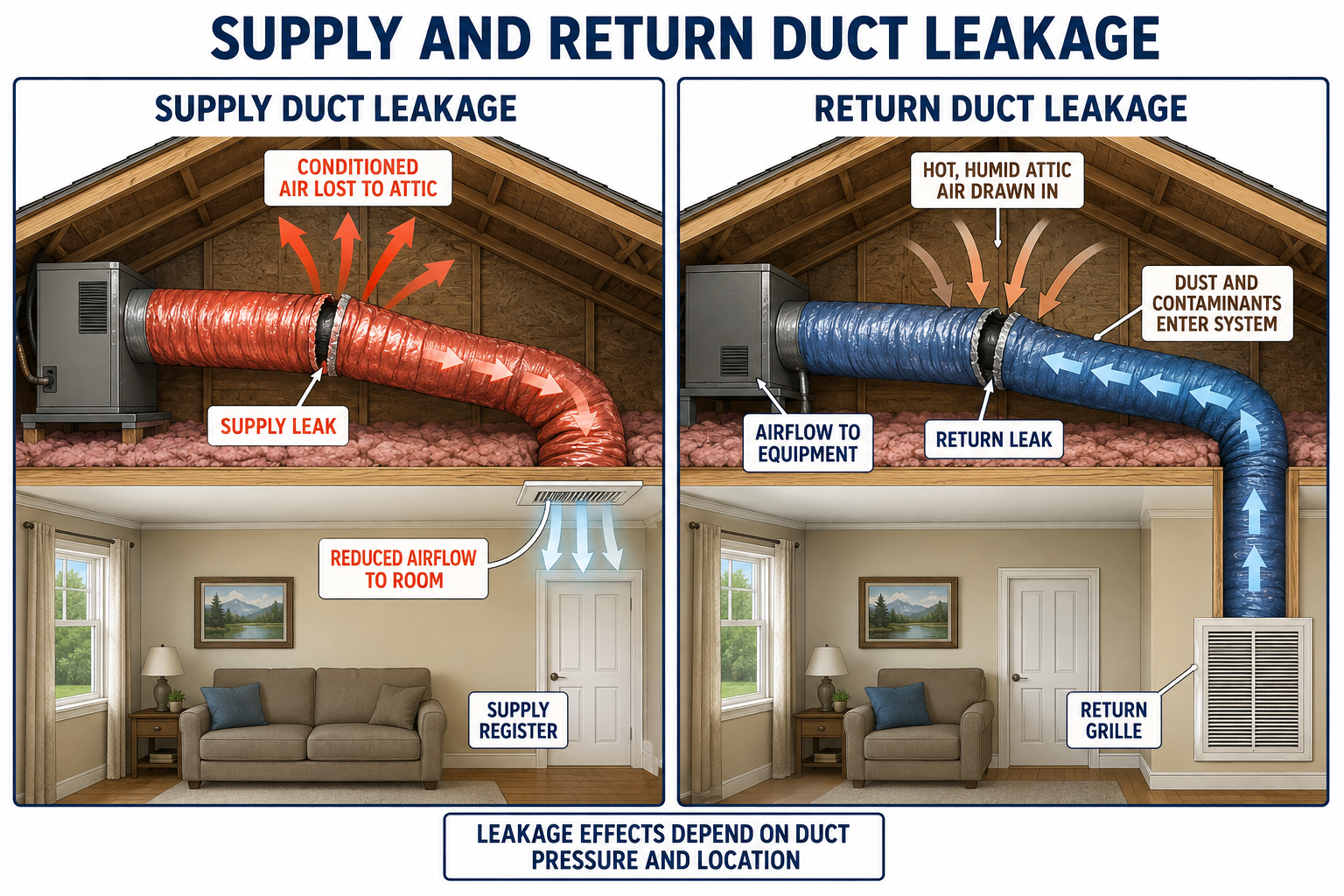 Comparison of supply duct leakage pushing conditioned air outward and return duct leakage drawing surrounding air inward.