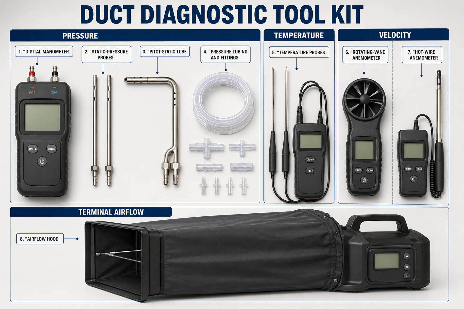 HVAC duct diagnostic tool kit containing a digital manometer, tubing, static-pressure probes, Pitot tube, test-port plugs, drill, thermometer, and inspection tools.