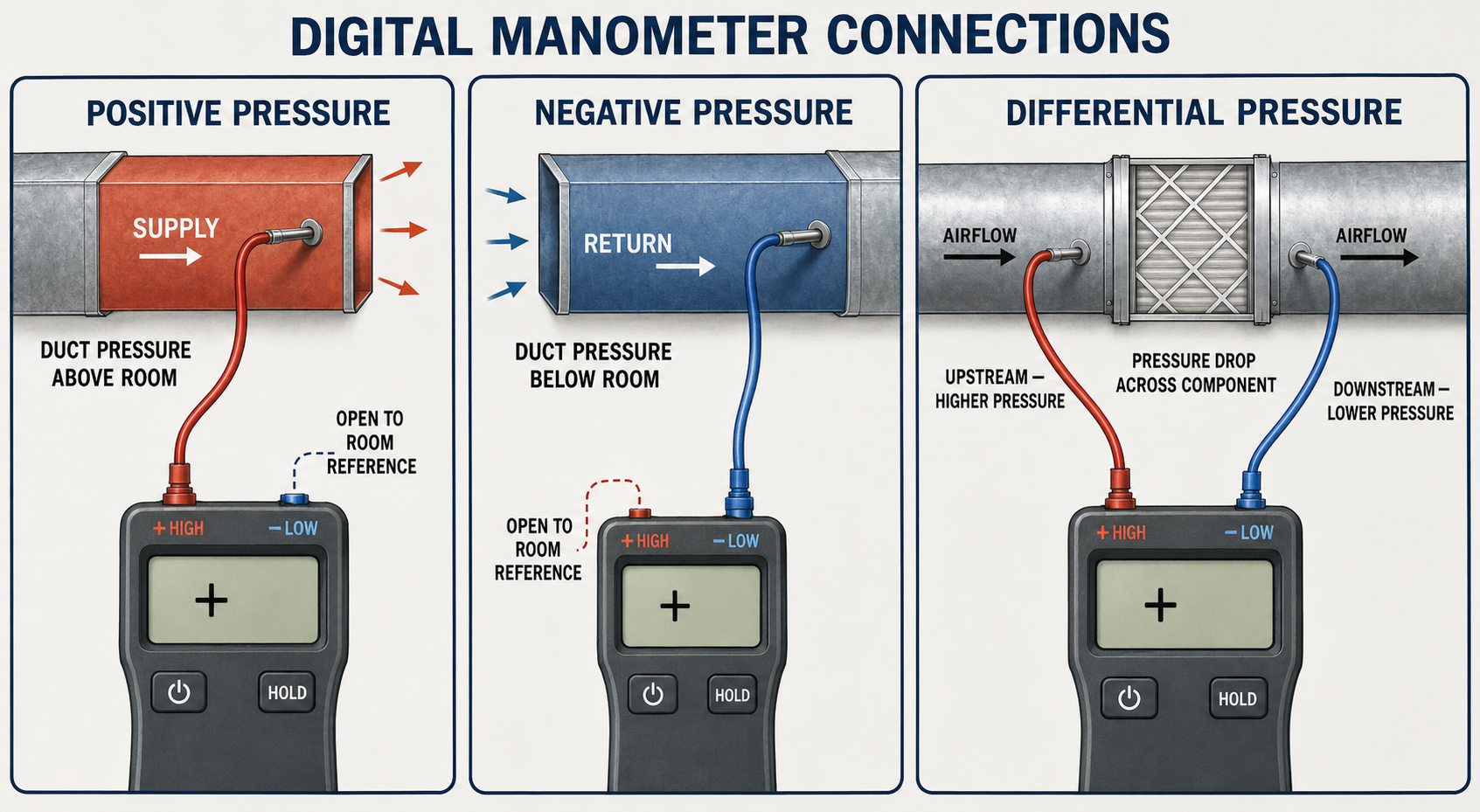 Differential manometer connections for supply static pressure, return static pressure, component pressure drop, and Pitot-tube velocity pressure.