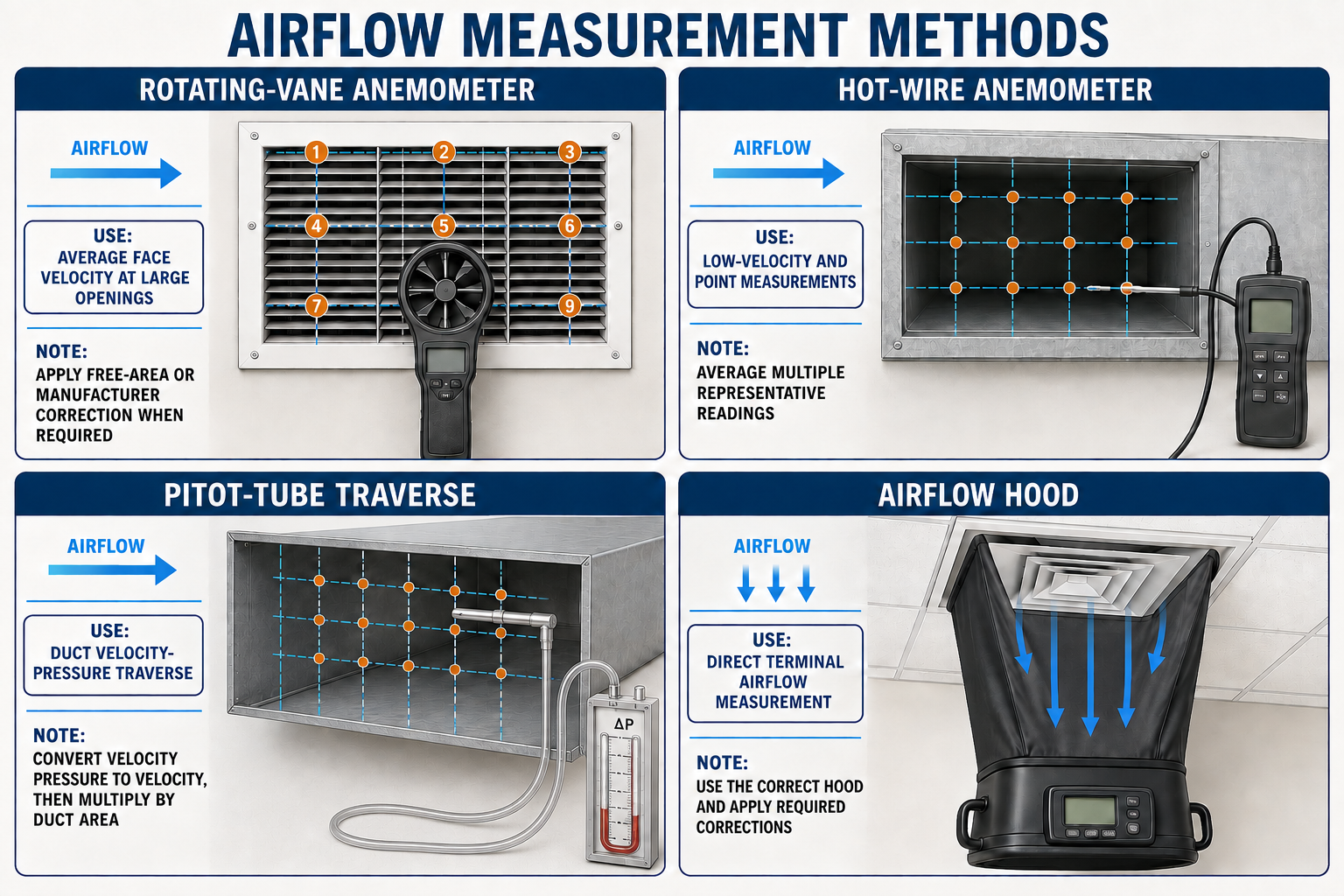 Comparison of HVAC airflow measurement tools including a flow hood, rotating-vane anemometer, hot-wire anemometer, Pitot tube with manometer, and blower-performance table.