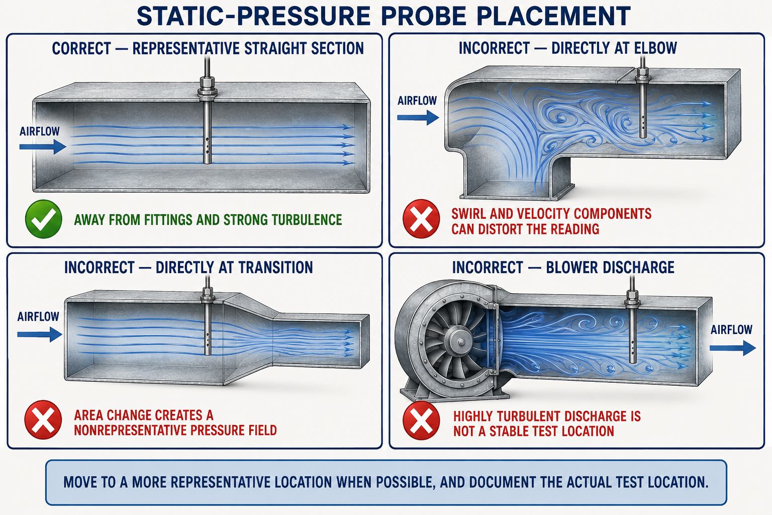 Correct and incorrect static-pressure probe placement showing representative airflow, turbulence, wall contact, shallow insertion, and impact-pressure errors.