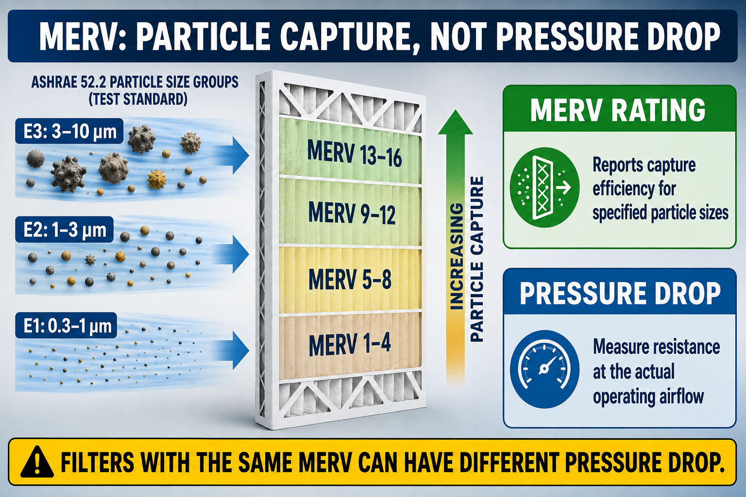 MERV rating infographic comparing particle-capture performance across the ASHRAE particle-size ranges from 0.3 to 10 micrometers.