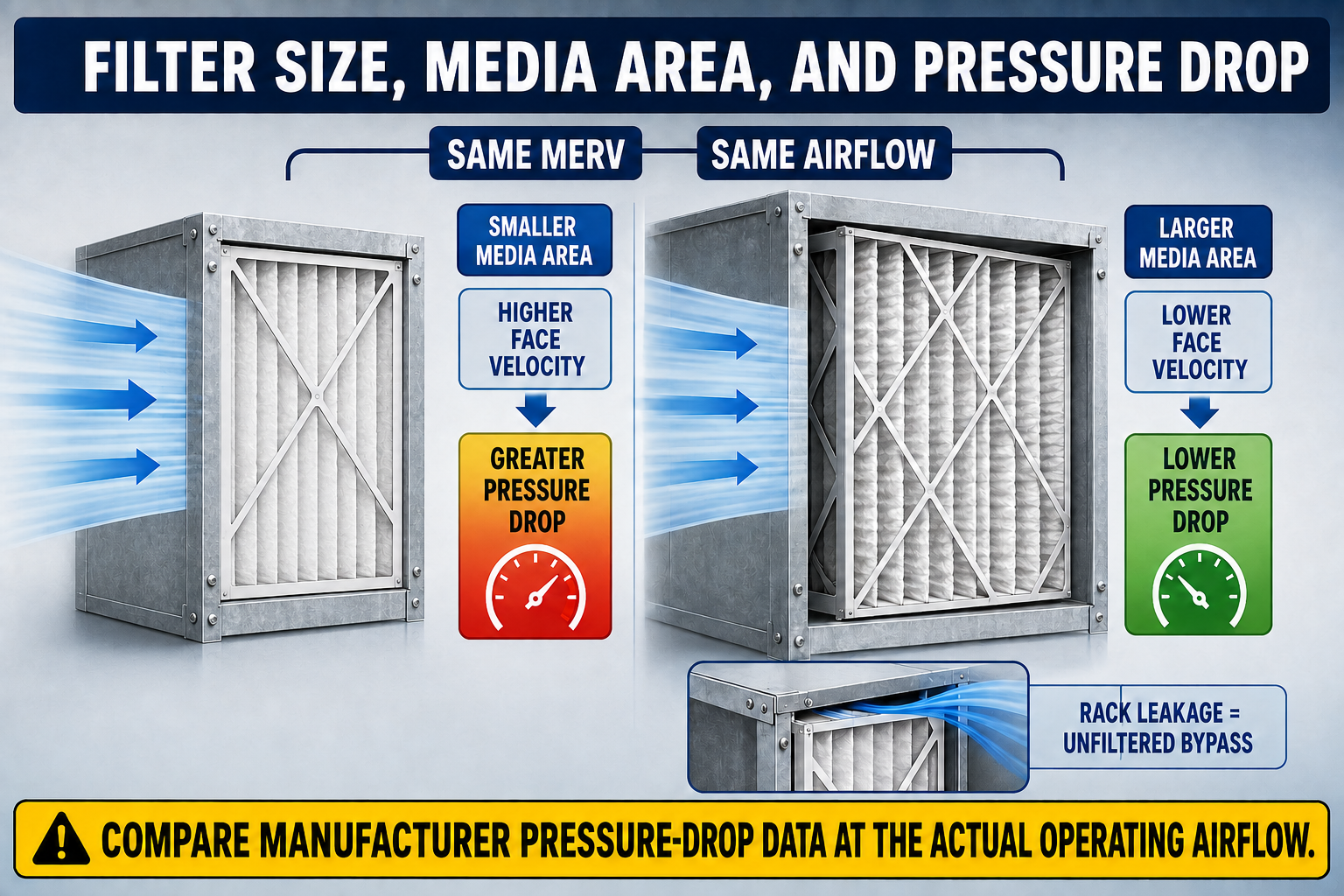 Comparison of HVAC filter face area, pleat depth, media area, airflow velocity, and pressure drop for shallow and deep filters.