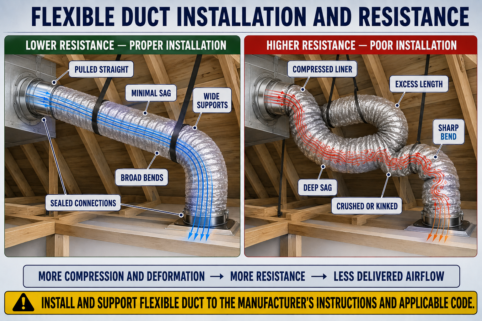 Comparison of properly extended and supported flexible duct with compressed, sagging, sharply bent, and crushed flexible duct installations that increase resistance.