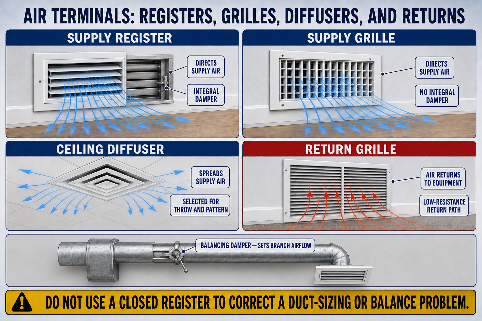 Comparison of HVAC air terminals including an adjustable supply register, fixed grille, ceiling diffuser, and return-air grille with their typical functions.