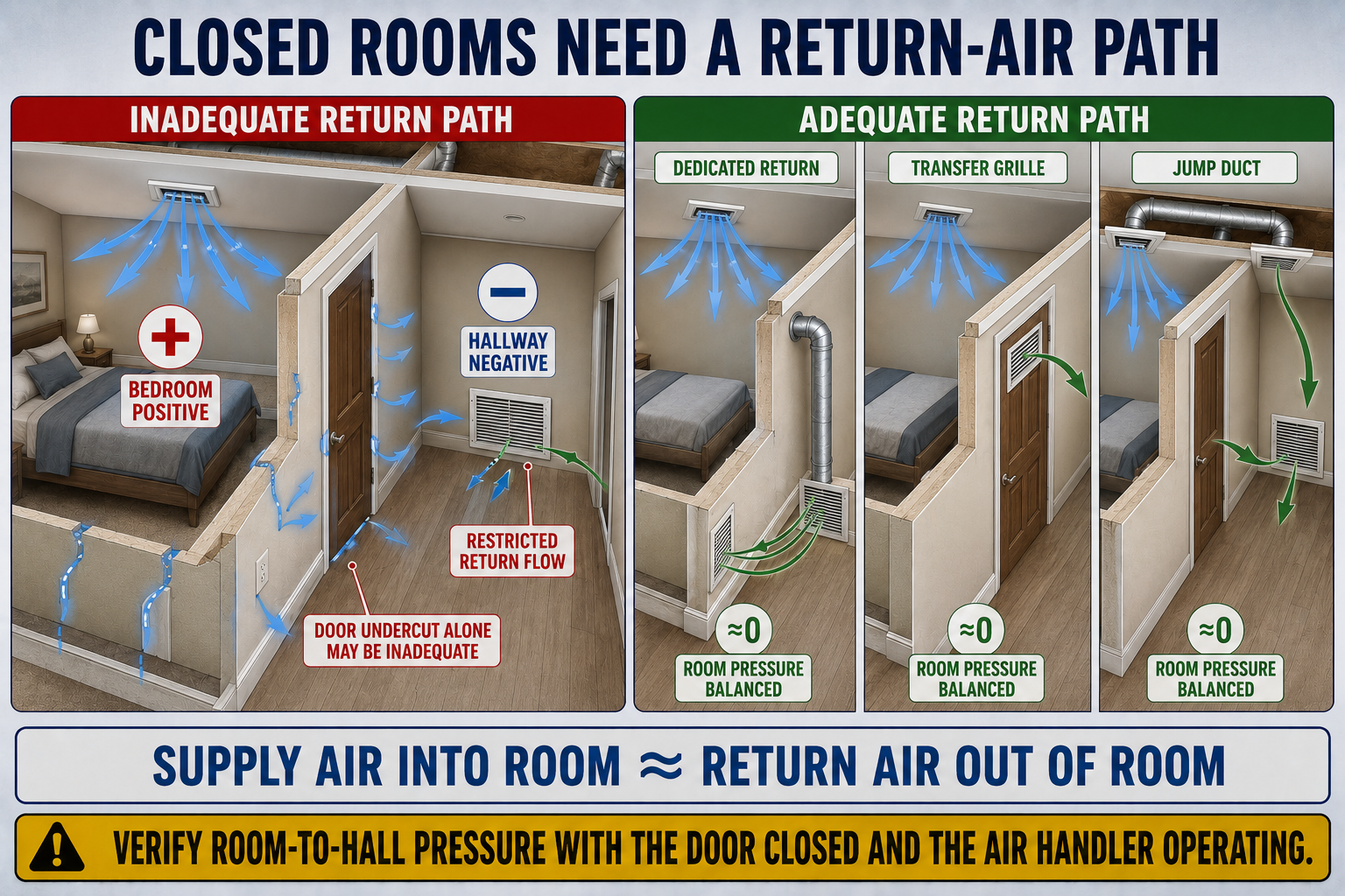 Closed bedroom pressure test showing supply air entering, a manometer tube passed under the door, and return-path options including a dedicated return, transfer grille, and jump duct.